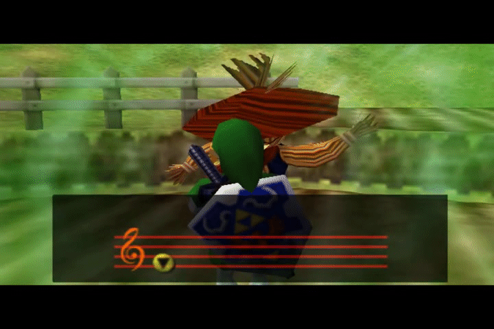 A scarecrow dancing to Link's ocarina tunes